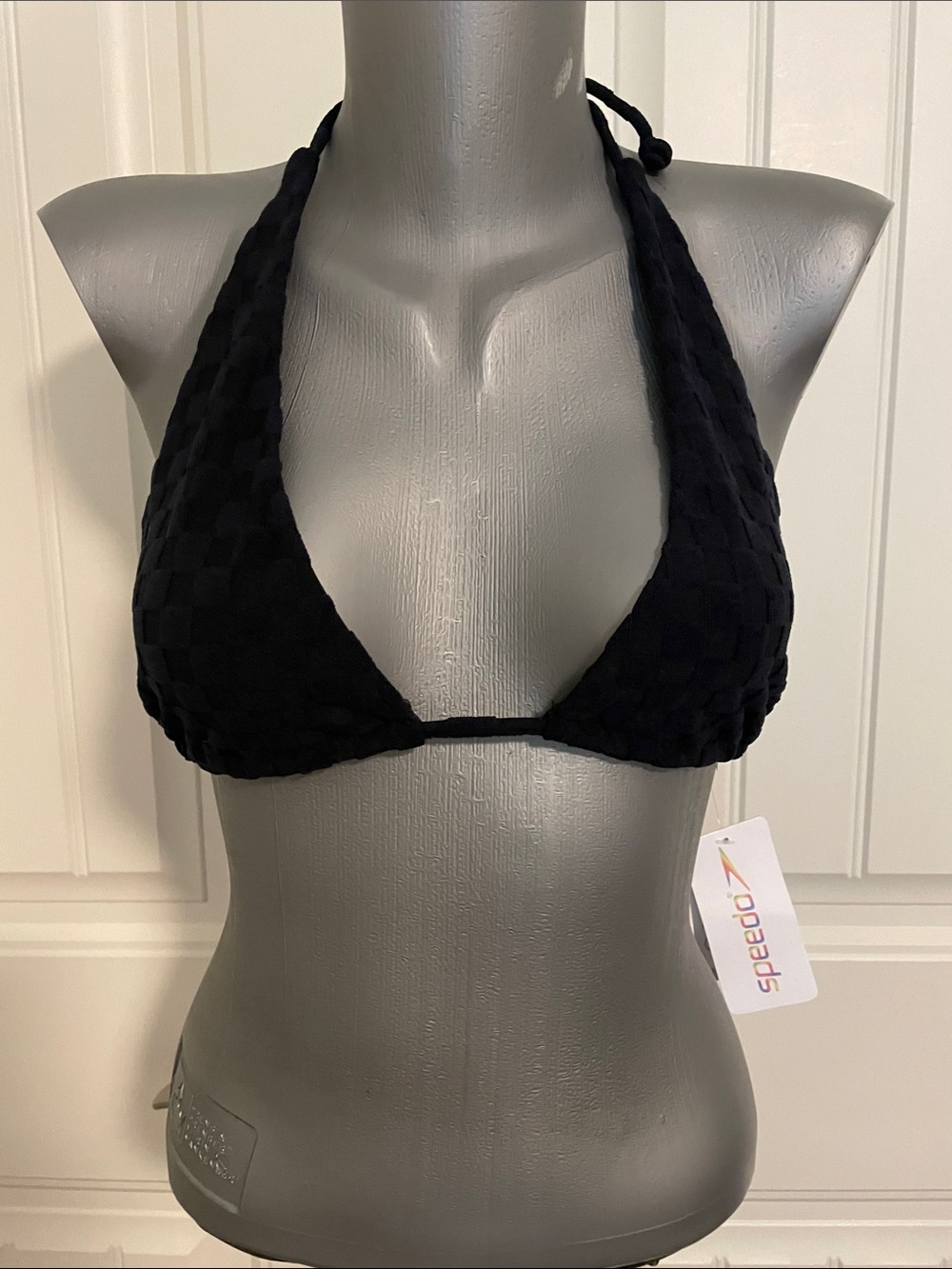 Speedo Black Checker-Texture Halter Triangle Bikini Top